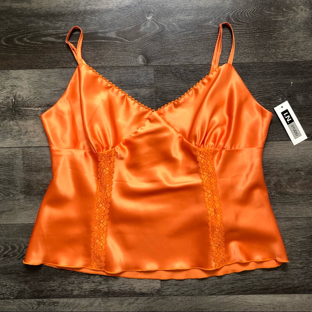 I.N. Studio Orange Satin Lace Trim Cami